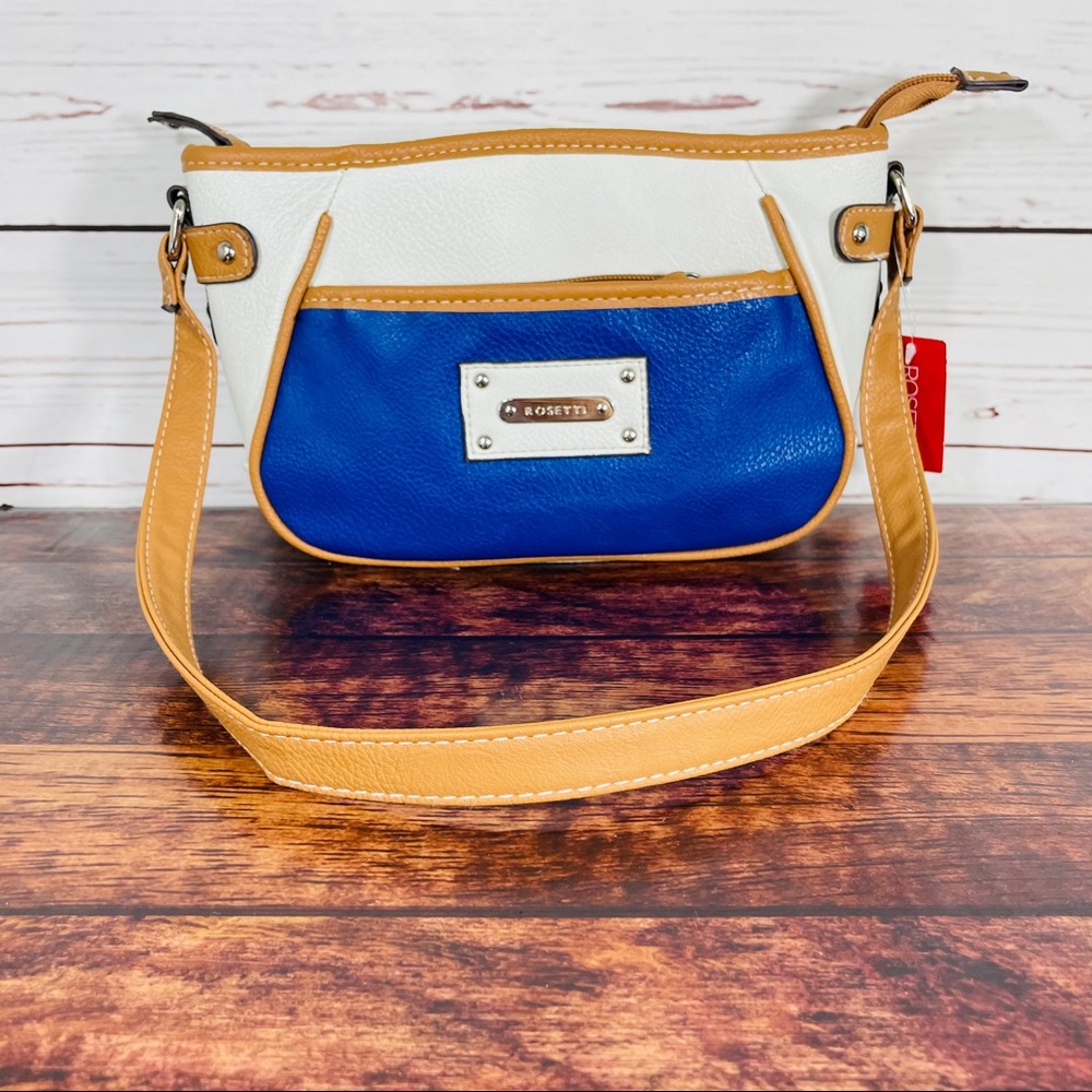 Rosetti Leather Shoulder Handbag Purse Colorblock White Blue Tan Trim NWT‎